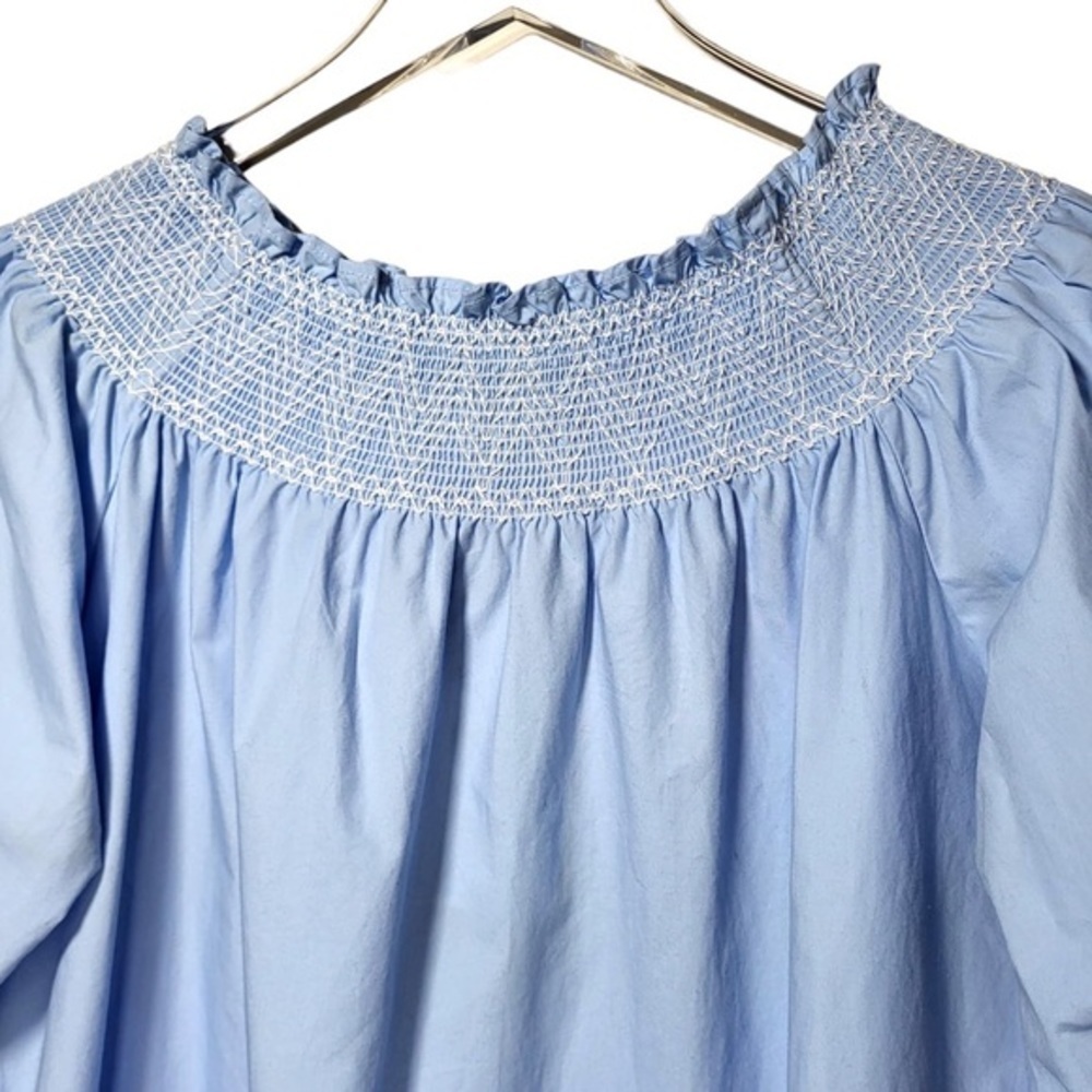 NEW Zara Cotton Off The Shoulder Smocked Poplin Babydoll Mini Dress in Blue - Picture 4 of 9